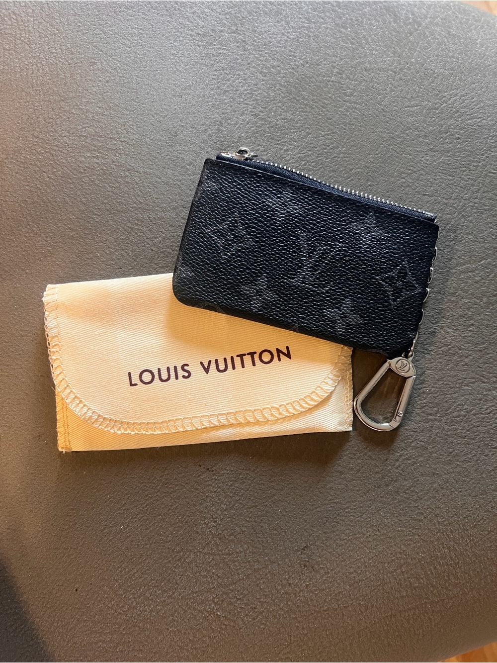 Black Monogram Zip Key Pouch with Clip